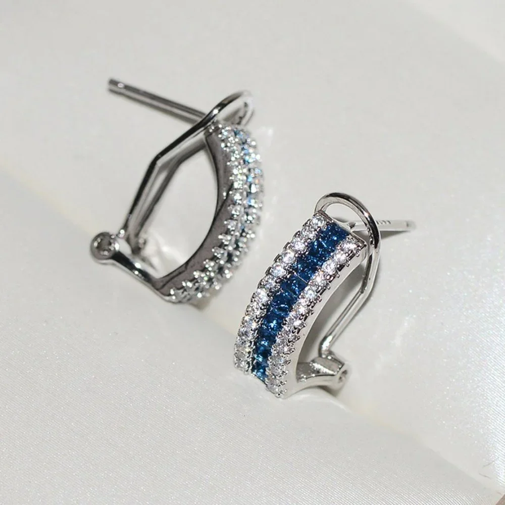 NEW Silver Blue White Round Diamond Omega Studs Earrings